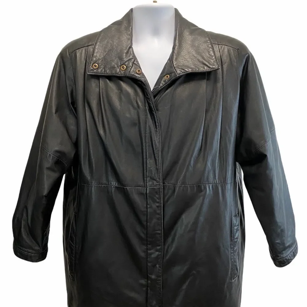 Eddie Bauer 100% Genuine Leather Winter Trench Coat Full Length Black HEAVY DUTY